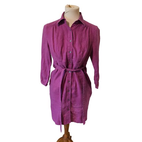 Boden Dresses & Skirts - Boden Womens Linen Button Front Dress with tie Size 8 Purple workwear career